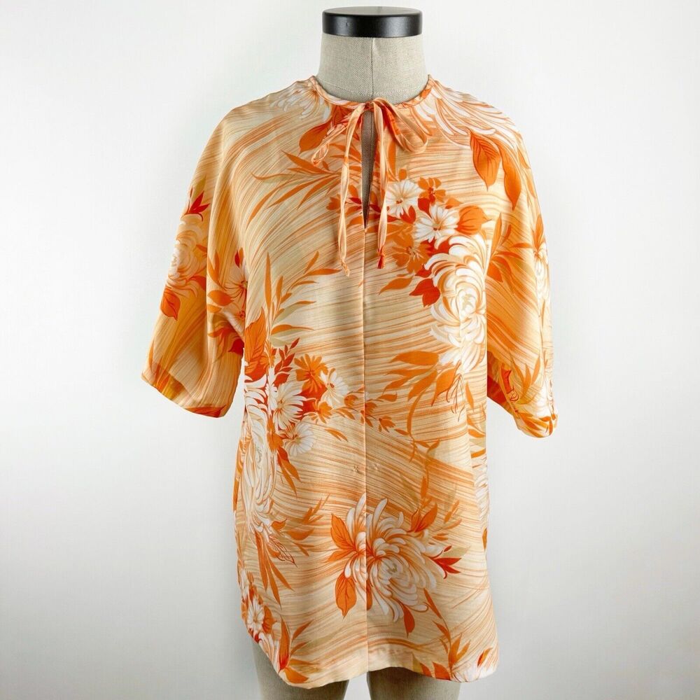 Vintage Pomare Hawaiian Blouse Size Medium Orange Tropical Floral Tunic Top 60s